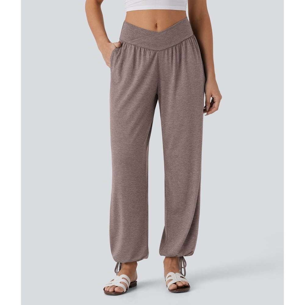 Halara Crossover Waist Jogger Pants Mauve Taupe XL Tie Cuff Lounge Yoga Pockets